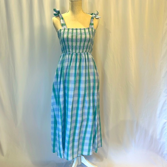 NWT THML Check Smocked Midi Dress size medium lt blue and green - Picture 6 of 15